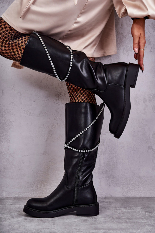 Feminino botas com lindos detalhes cor preta Finlay