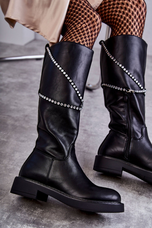 Feminino botas com lindos detalhes cor preta Finlay