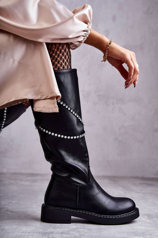 Feminino botas com lindos detalhes cor preta Finlay
