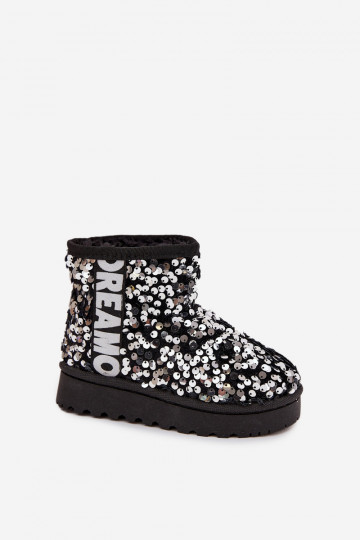 Botas de neve infantis forradas com escamas brilhantes em preto e prata Rebbica
