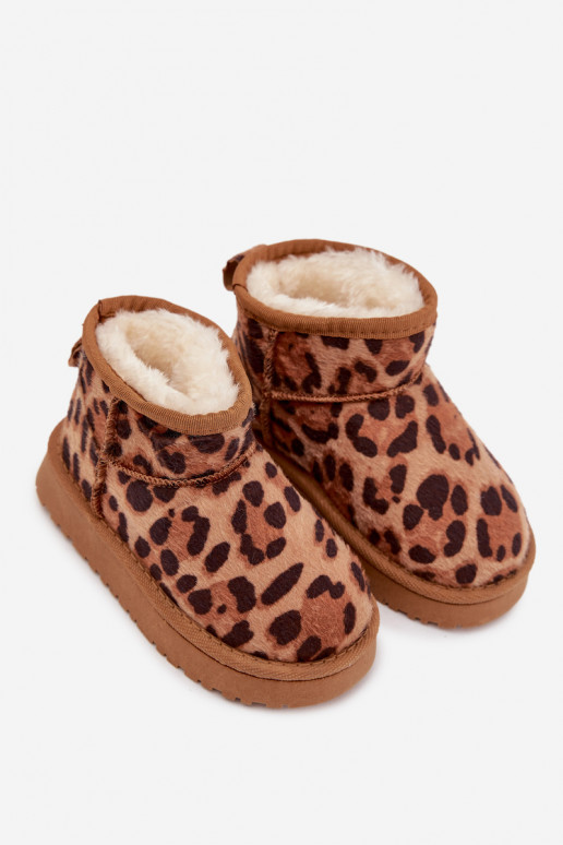 Botas de neve infantis/juvenis quentes na cor marrom com pelúcia interna e estampa de pele de leopardo Mireya