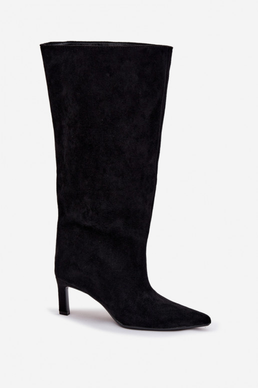 botas femininasde camurça ecológicau Um modelo atraente com salto fino cor preta Phelin