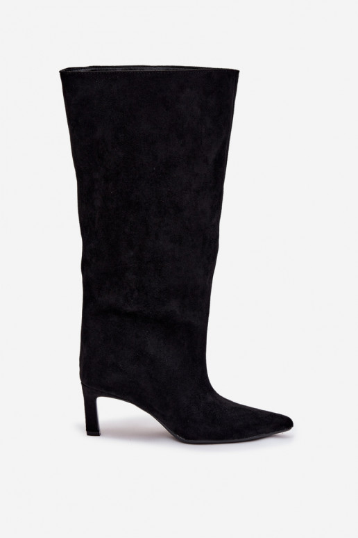 botas femininasde camurça ecológicau Um modelo atraente com salto fino cor preta Phelin