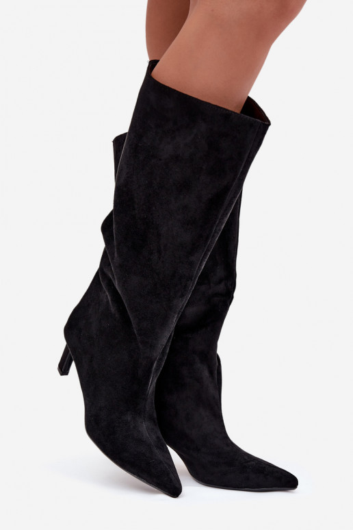 botas femininasde camurça ecológicau Um modelo atraente com salto fino cor preta Phelin