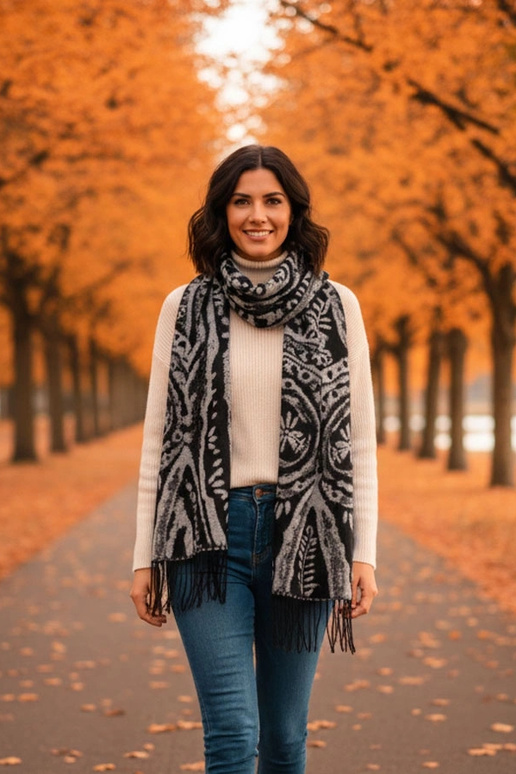 Cachecol preto e branco com flores...