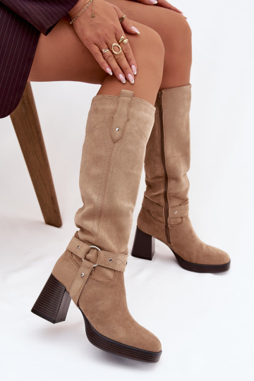 Botas femininas de cano longo aquecidas com salto e costuras areia Alessara