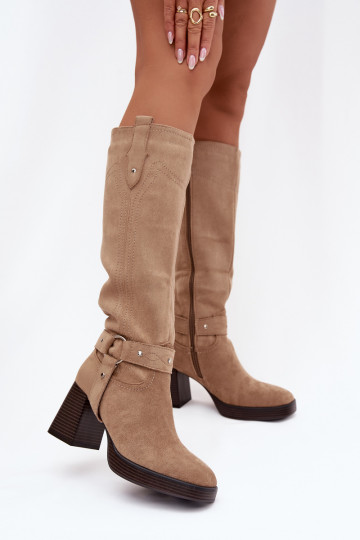 Botas femininas de cano longo aquecidas com salto e costuras areia Alessara 2