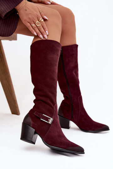 Botas de couro camurça de cano longo com salto e fivelas aquecidas Zazoo 70156 bordô