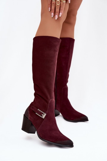 Botas de couro camurça de cano longo com salto e fivelas aquecidas Zazoo 70156 bordô 2