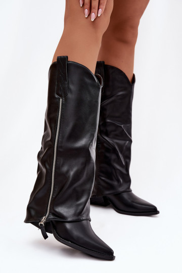 botas estilo vaqueiro com salto de couro ecológico cor preta Palira