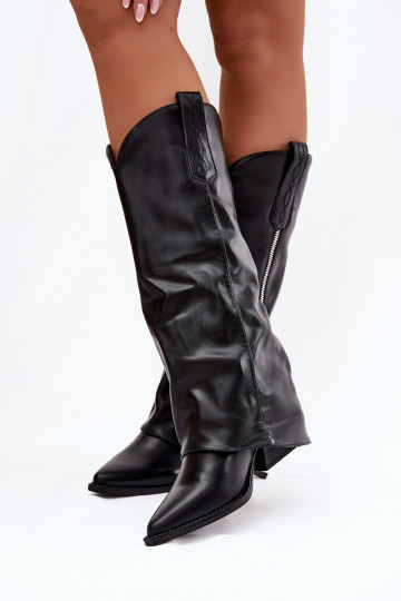 Botas longos de estilo cowboy pretos com salto de couro sintético Palira 2