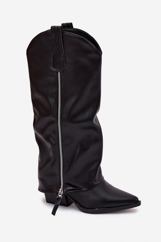 botas estilo vaqueiro com salto de couro ecológico cor preta Palira