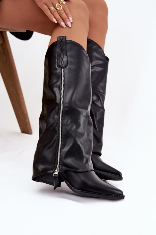 botas estilo vaqueiro com salto de couro ecológico cor preta Palira