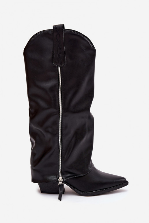 botas estilo vaqueiro com salto de couro ecológico cor preta Palira