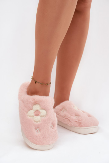 Chinelo Selinne rosa com pelúcia e motivos florais
