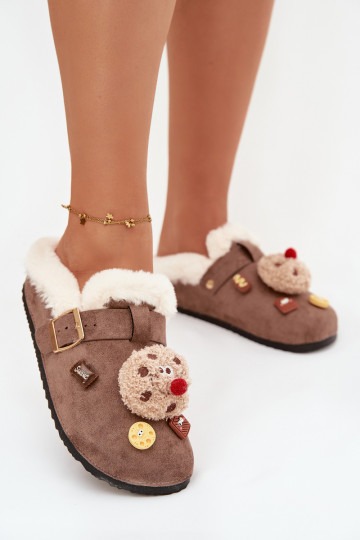 Chinelas femininas com detalhes bonitos e fivelas, forradas com pelúcia por dentro, marrons "Thalora" 2