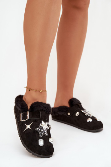 Chinelas femininas com detalhes bonitos e fivelas, forradas com pelúcia por dentro, pretas "Thalora"