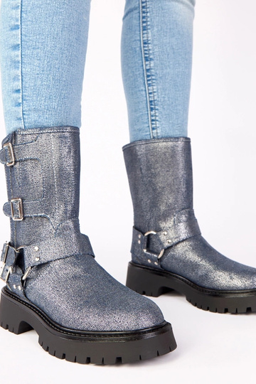 Botas azuis decoradas com fivelas e brilho prateado "Cara"