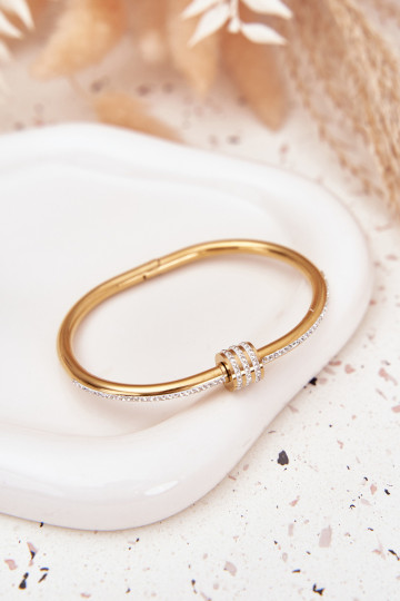 Pulseira feminina de aço inoxidável dourada com pedras brilhantes 2