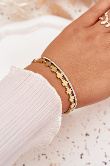 Pulseira de aço inoxidável dourada decorada com zircônias