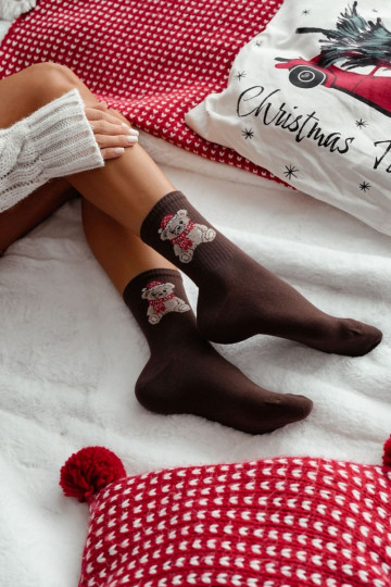 Meias femininas de Natal com ursos na tampa "Santa Clause" na cor chocolate