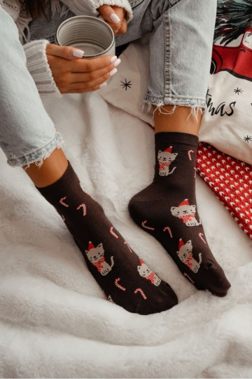 Meias de Natal femininas com gatos, cor chocolate