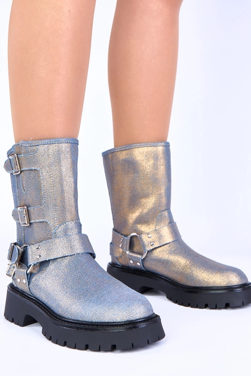 Botins azuis com fivelas douradas Cara