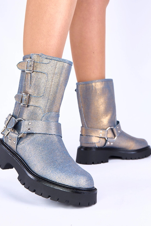 Botins azuis com fivelas douradas Cara