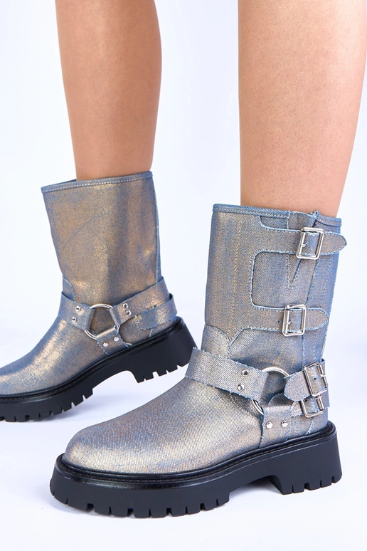 Botins azuis com fivelas douradas Cara