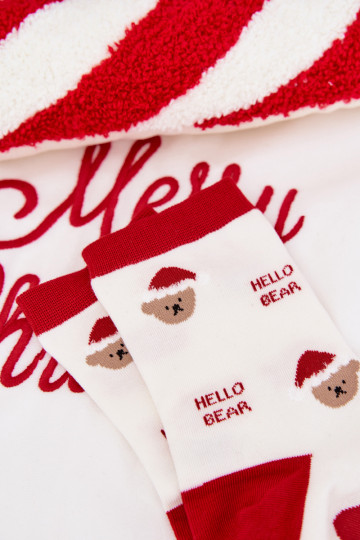 Meias de Natal femininas brancas com ursinhos e Papai Noel