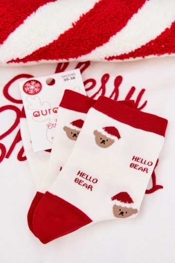 Meias de Natal femininas brancas com ursinhos e Papai Noel 2