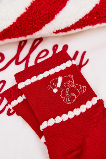 Meias de Natal femininas vermelhas com ursinhos e Papai Noel