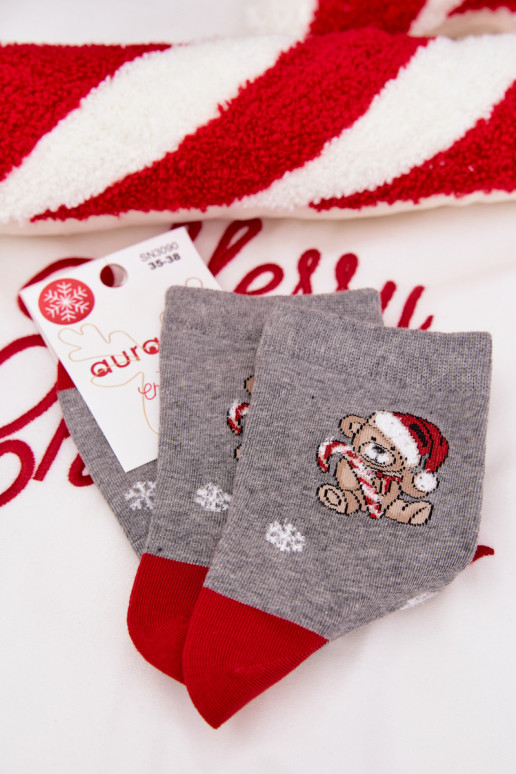 Meias Feminino Habilitadotal Flocos de neve ursinhos de pelúcia Habilitado capa Papai Noela cor cinza