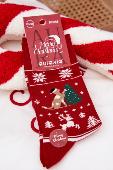 Meias de Natal masculinas vermelhas com gato e árvores de Natal