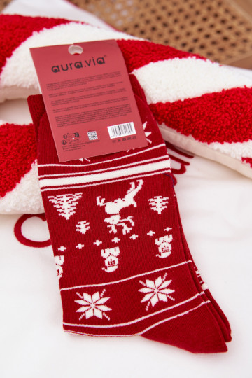 Meias de Natal masculinas vermelhas com gato e árvores de Natal 2