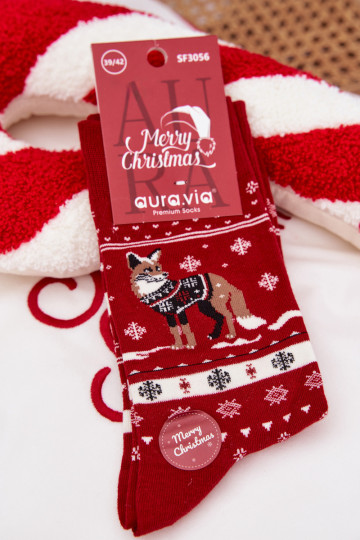 Meias de Natal masculinas vermelhas com raposa em suéter