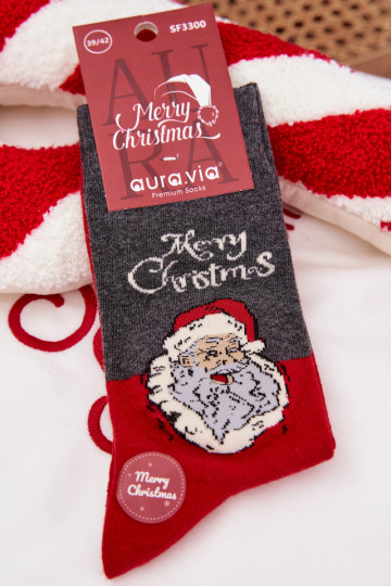 Meias de Natal masculinas cinzas com escrita e Papai Noel sorridente