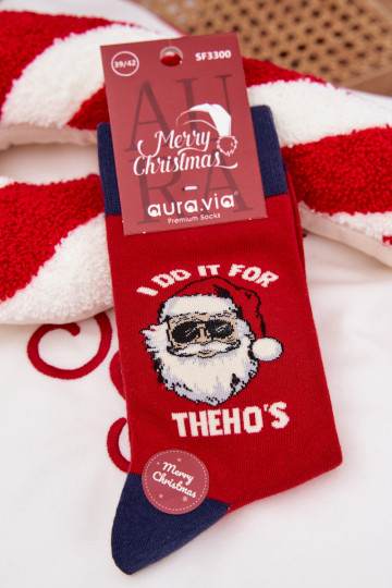 Meias de Natal masculinas com o Papai Noel de óculos, vermelhas-azuis escuras