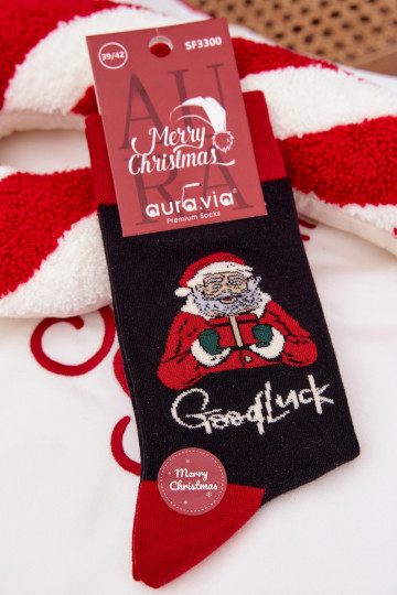 Meias de Natal masculinas com inscrição e Papai Noel sorridente, pretas