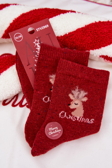 Meias de Natal femininas com renas, de lã, vermelhas 2
