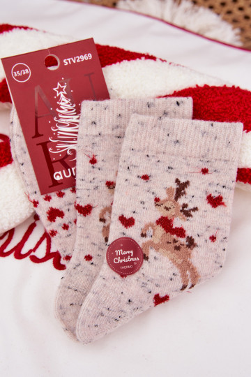 Meias de Natal femininas com renas e corações, de lã, cinzas 2
