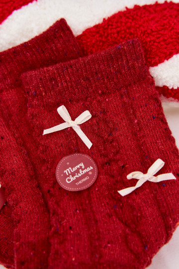 Meias de Natal femininas com laços, de lã, vermelhas