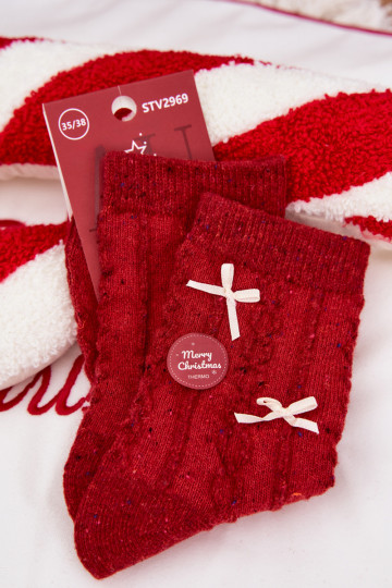 Meias de Natal femininas com laços, de lã, vermelhas 2