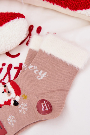 Meias de Natal infantis com pelinho e Papai Noel, de lã, cor de areia