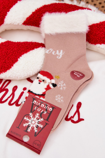 Meias de Natal infantis com pelinho e Papai Noel, de lã, cor de areia 2