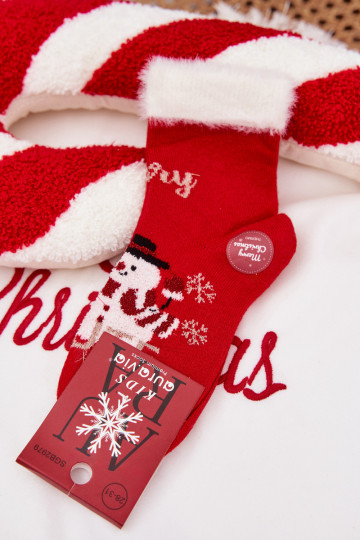 Meias de Natal infantis com pelinho e boneco de neve, de lã, vermelhas 2