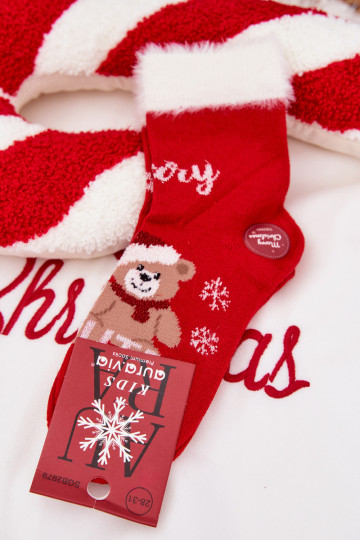 Meias de Natal infantis com pelinho e ursinhos, de lã, vermelhas 2