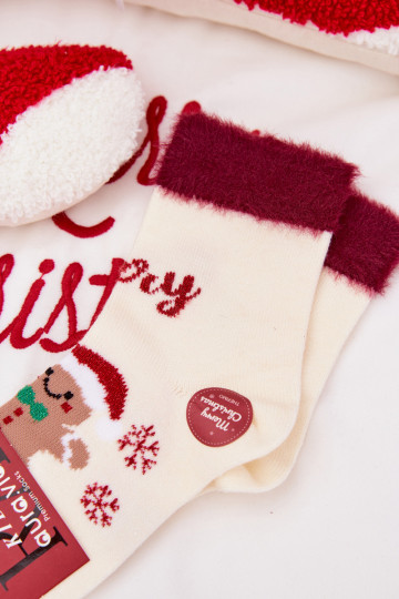 Meias de Natal infantis com biscoito de gengibre e pelinho, de lã, cor de marfim