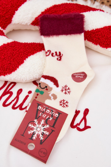 Meias de Natal infantis com biscoito de gengibre e pelinho, de lã, cor de marfim 2