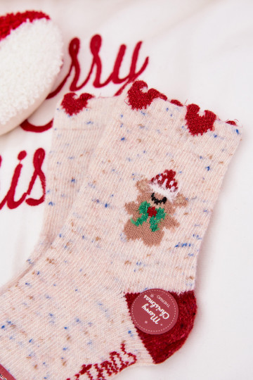 Meias de Natal infantis com ursinho e corações, lã de alpaca, cor areia